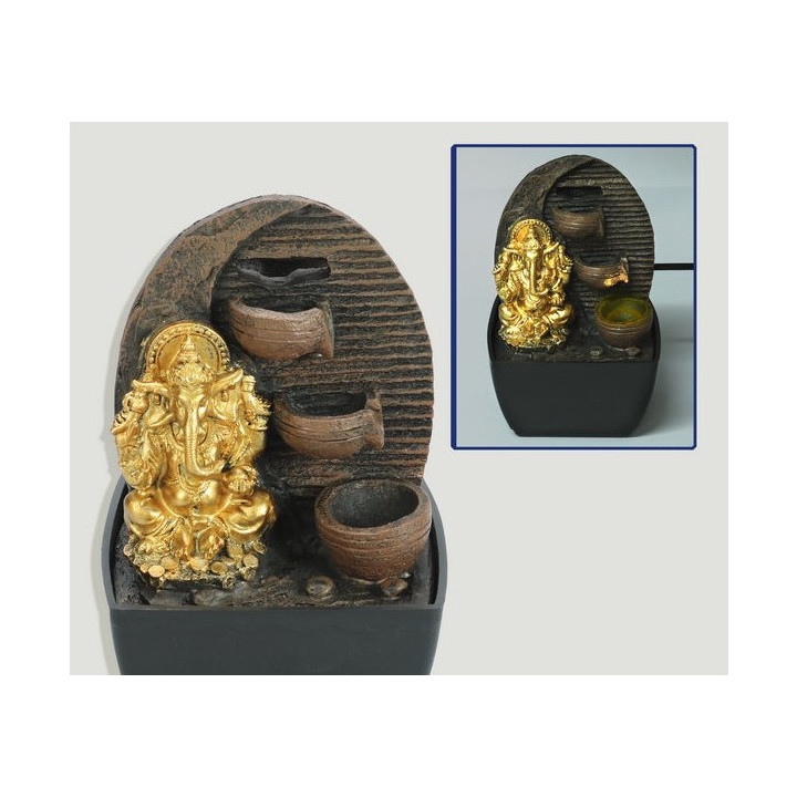 Golden Ganesha Fountain With Waterfall - Resin